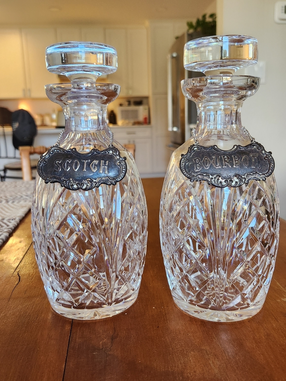 Waterford Crystal Vintage Decanter Set With Silver Plated Tags Bourbon Scotch